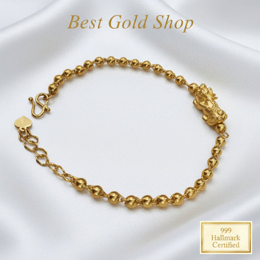 999 gold beads Pixiu bracelet lucky wealth design in 24K yellow gold - view 1