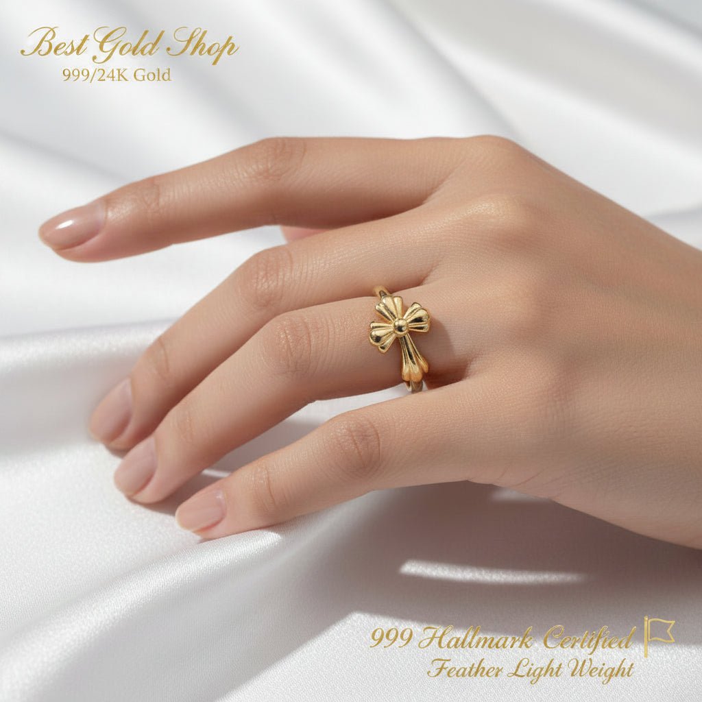 999 Gold Cross Design Feather Light Ring | 24K Fine Gold RingRingsBest Gold Shop