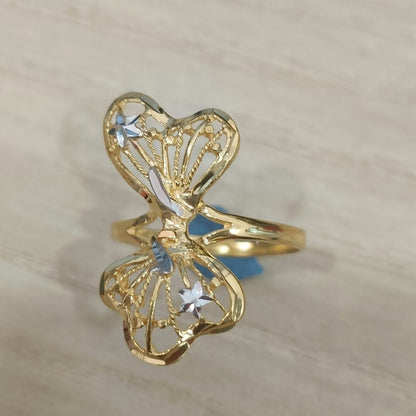 916 gold two-tone butterfly ring viewed from the opposite angle showing wing patterns and band