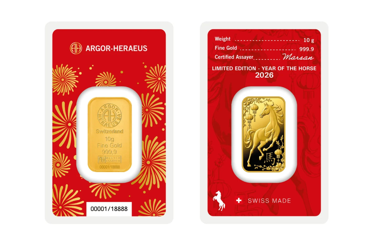 Manufacturer reference image of a 10g Argor-Heraeus 2026 Year of the Horse gold bar, showing both sides in red assay packaging; pictured serial is illustrative.