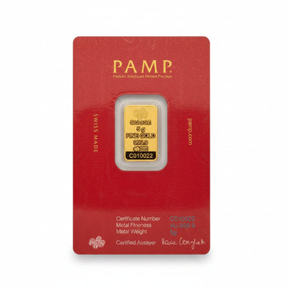 Front view of a 5g PAMP Suisse 999.9 fine gold bar.