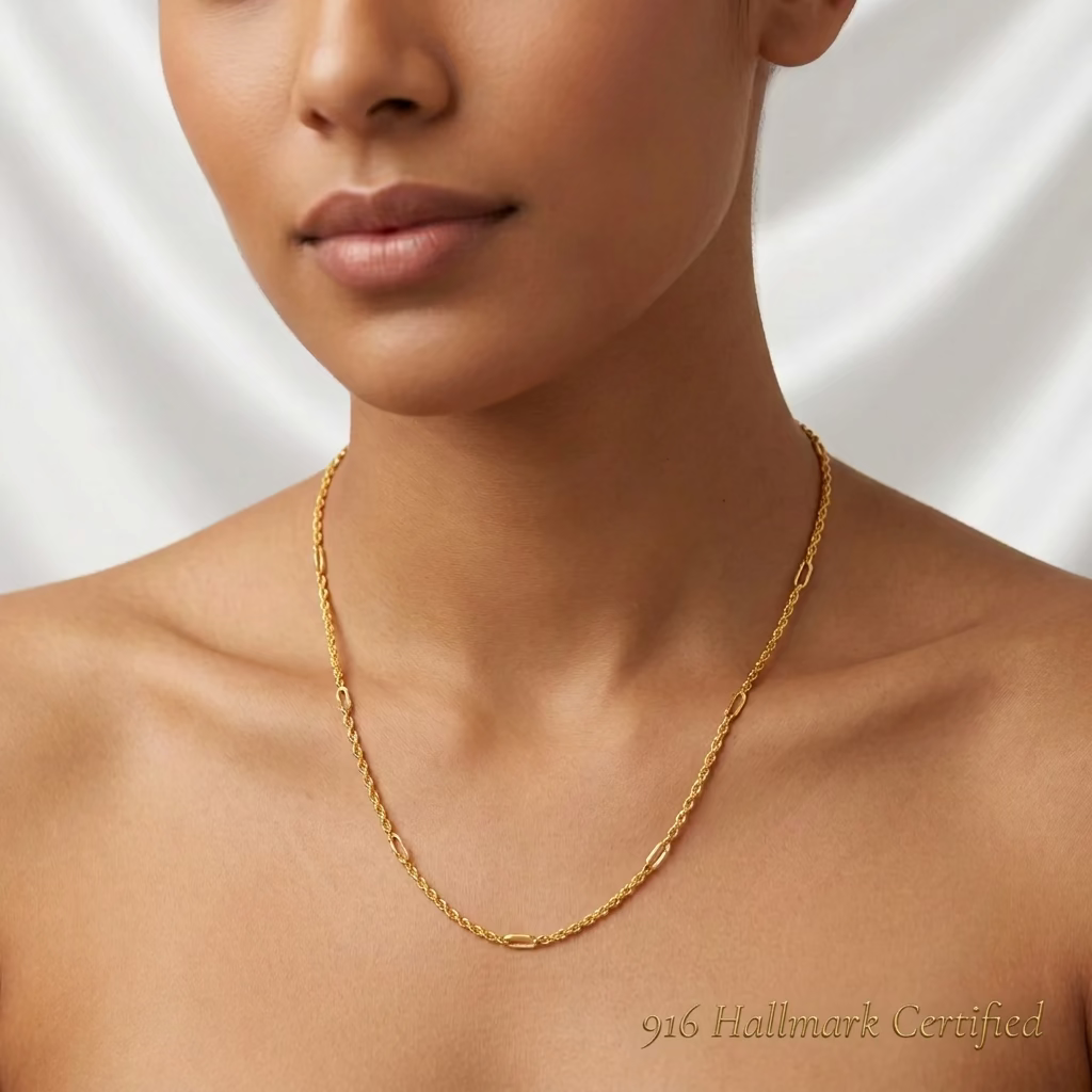 916 gold Hollow Rope C chain necklace shown worn around the neck, displaying its alternating twisted and elongated links