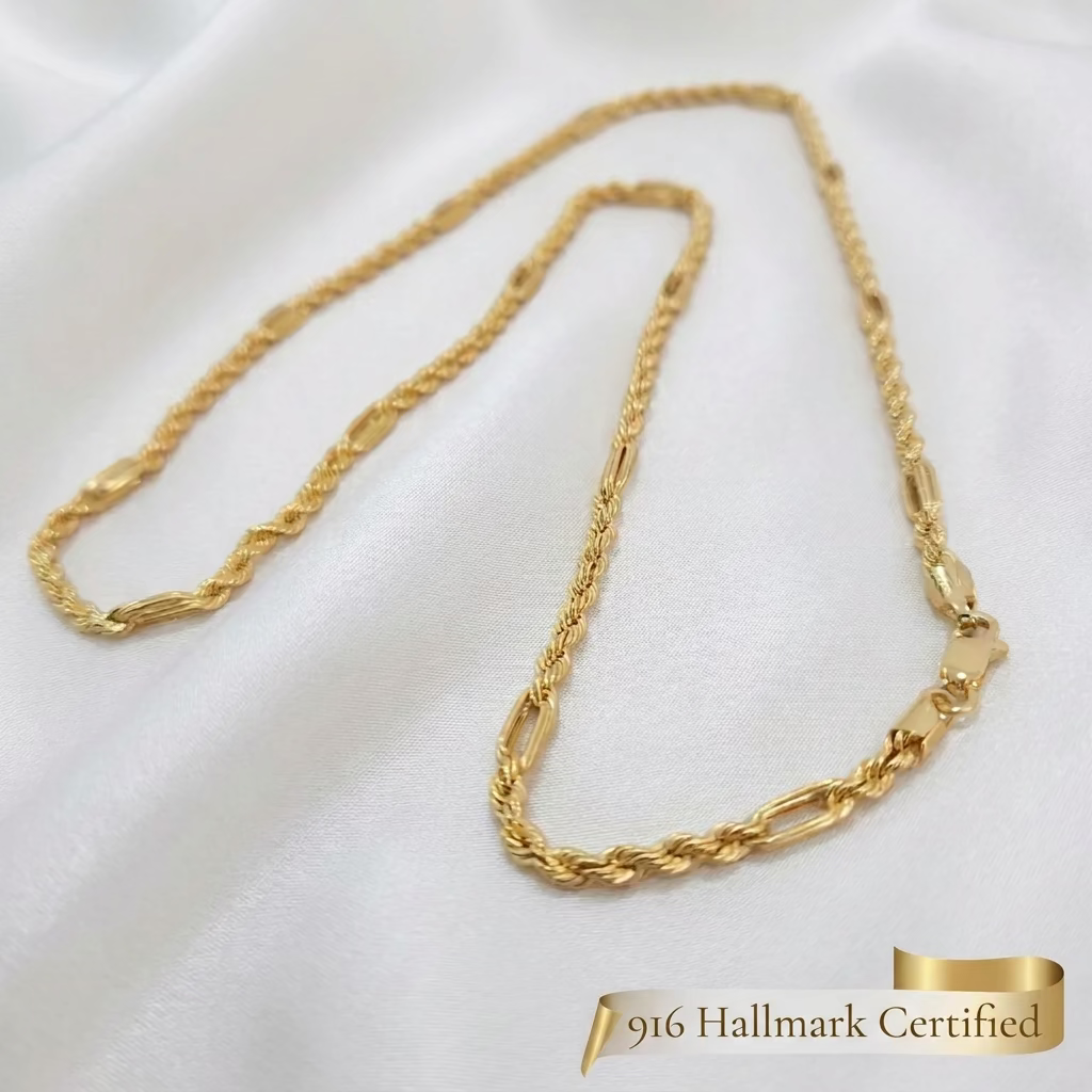 916 gold Hollow Rope C necklace arranged in a loose curve on white fabric, with twisted rope sections, elongated links and clasp visible