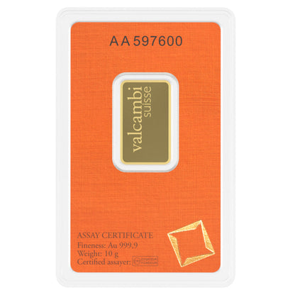Manufacturer reference back view of a Valcambi 10g 999.9 gold bar in orange assay packaging; pictured serial number is illustrative.