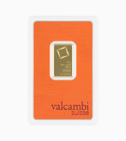 Manufacturer reference image of a Valcambi 10g 999.9 gold bar in orange assay packaging; pictured serial number is illustrative.