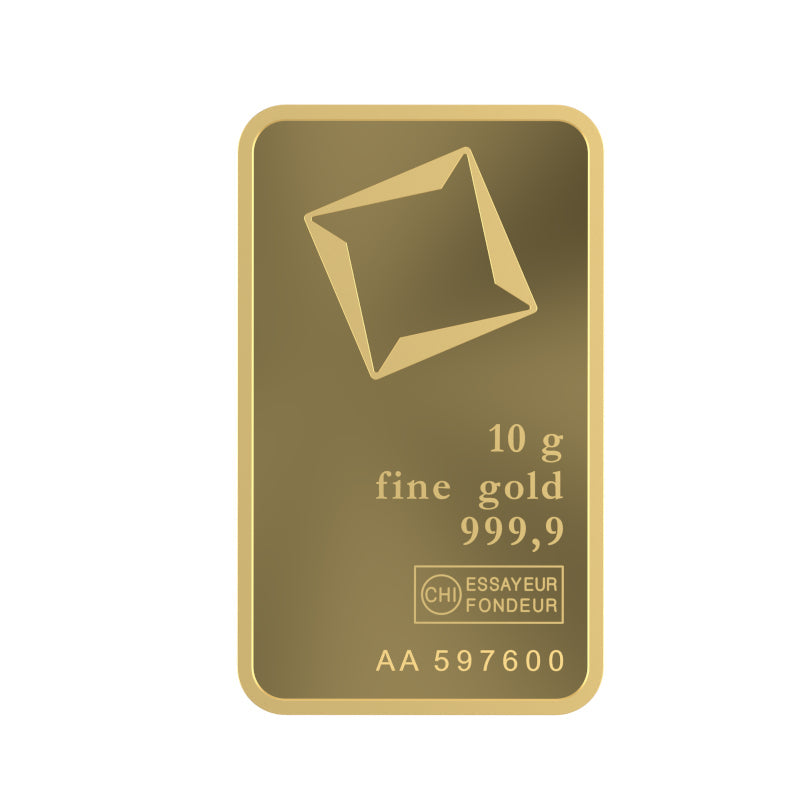 Manufacturer reference front view of a Valcambi 10g 999.9 gold bar outside packaging, showing weight, fineness and hallmark; serial is illustrative.